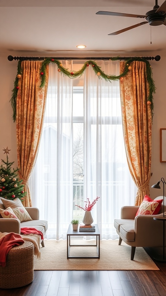 Cozy living room with double curtain rods, layered curtains, and holiday decorations.