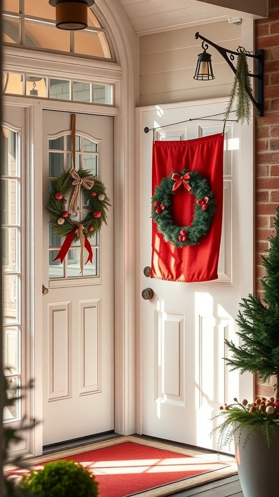 A front door decorated with a red seasonal flag and a green wreath, creating a festive atmosphere.