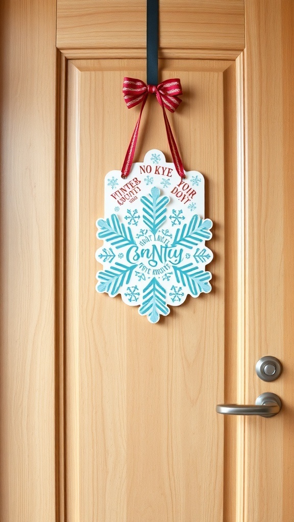 A winter-themed door hanger shaped like a snowflake with a red bow.