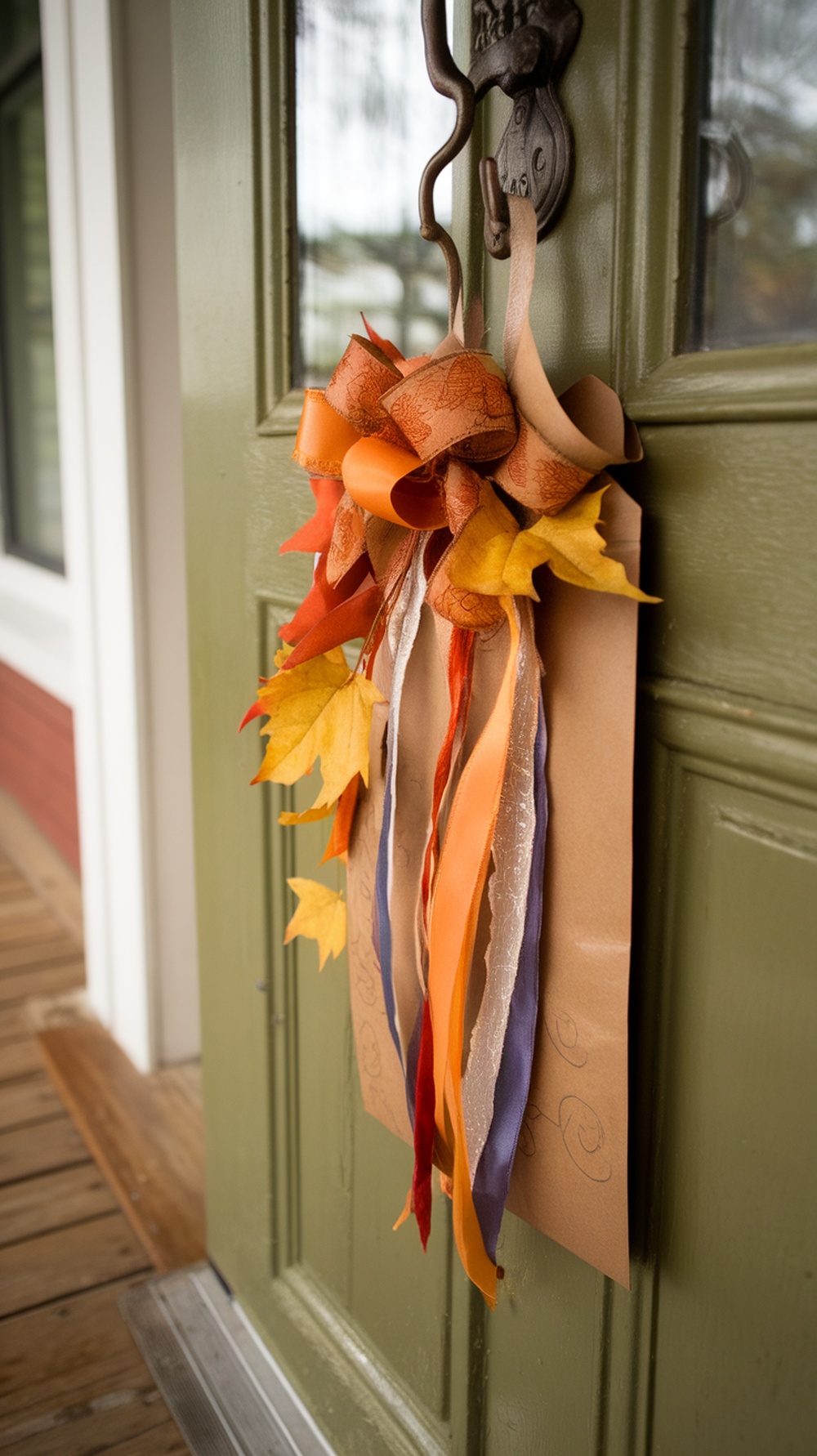 A seasonal door hanger with ribbons and autumn leaves hanging on a green door.