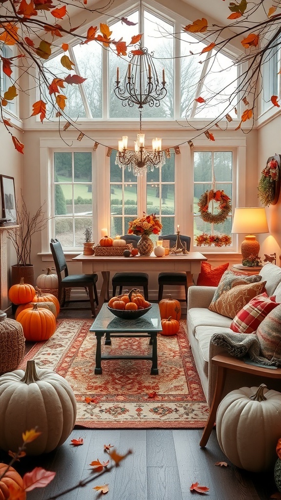 Cozy living room decorated for fall with pumpkins and autumn leaves