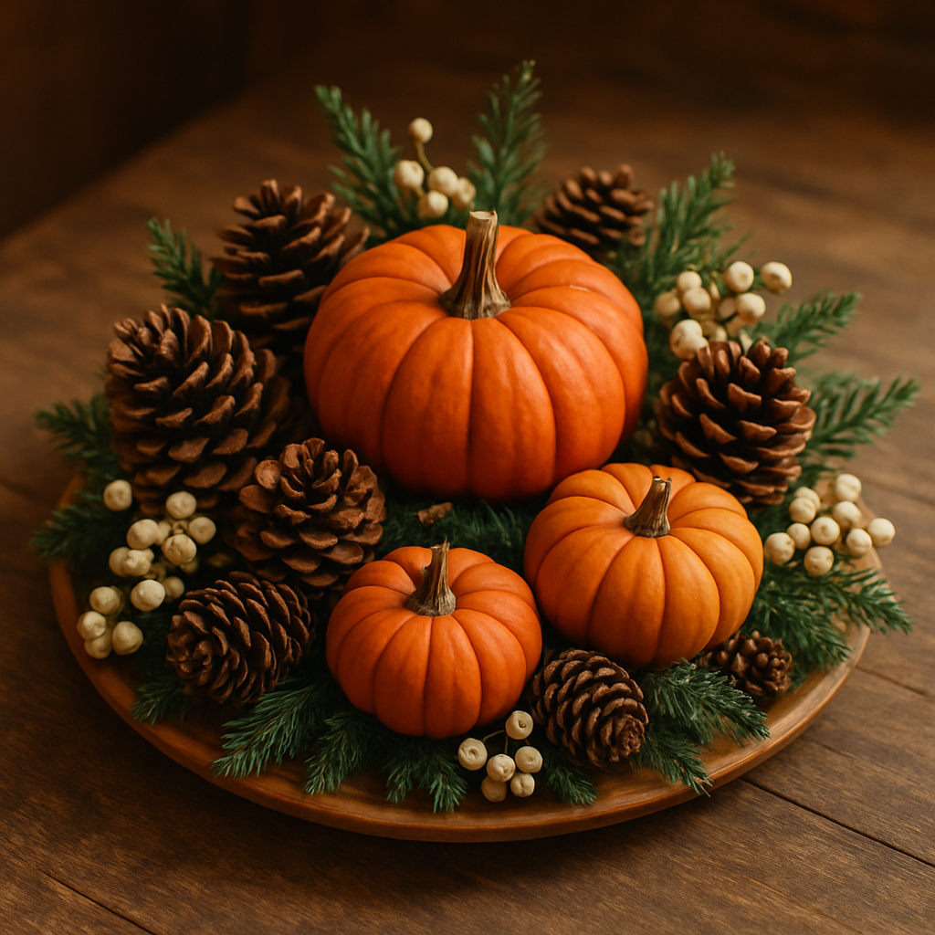 A fall-themed centerpiece featuring pumpkins, pinecones, and greenery on a wooden table.