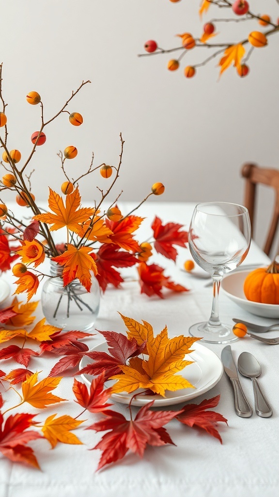 A beautifully decorated table for a bridal shower featuring autumn leaves and seasonal elements.
