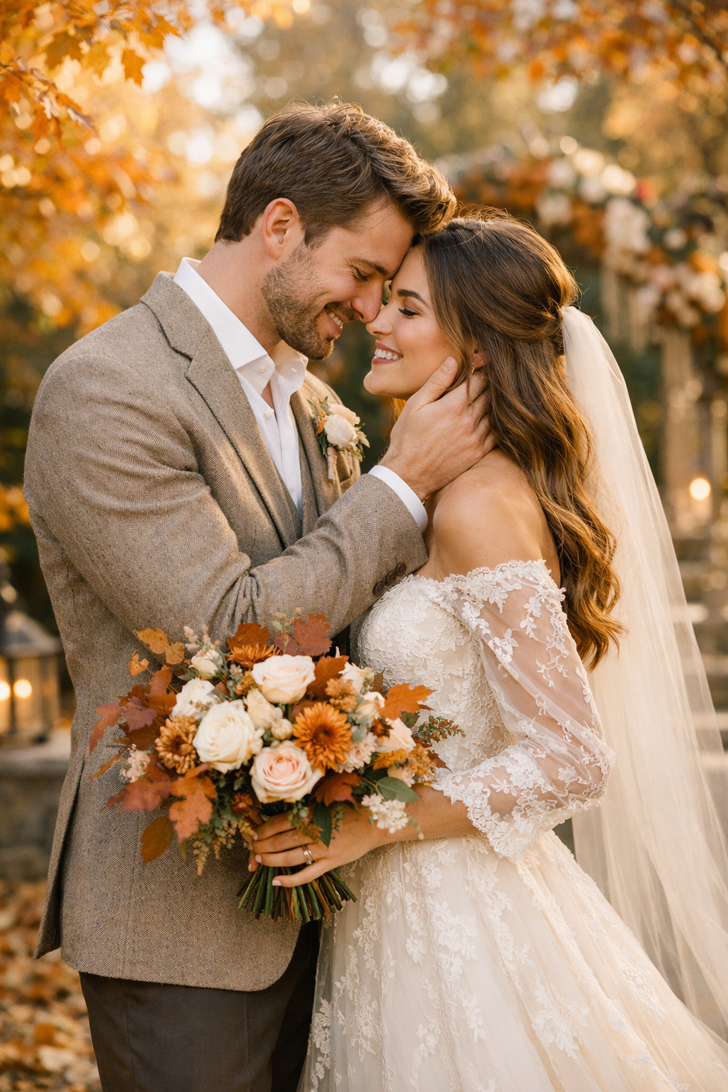 A couple in love with a beautiful fall background, dressed elegantly for an engagement photo.