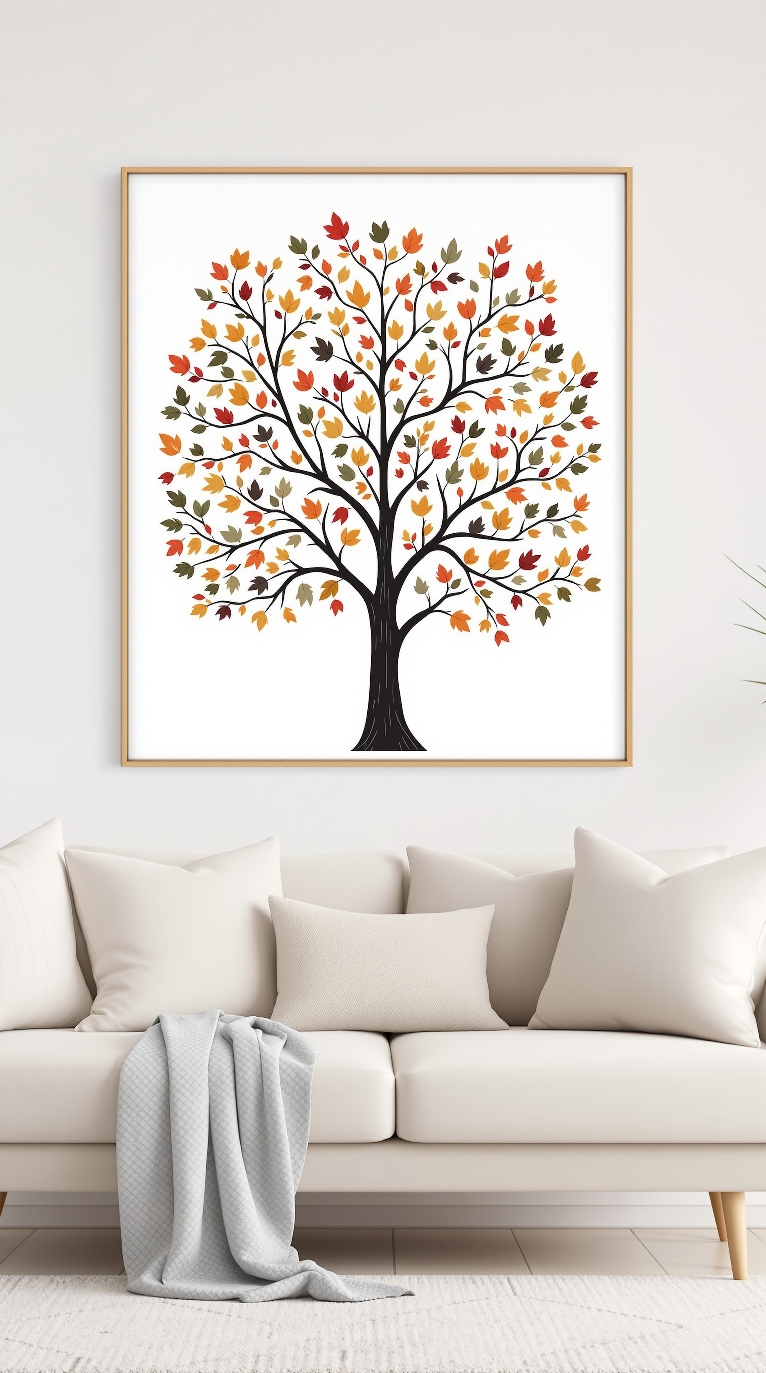 A colorful family tree wall art with autumn leaves, displayed in a cozy living room setting.