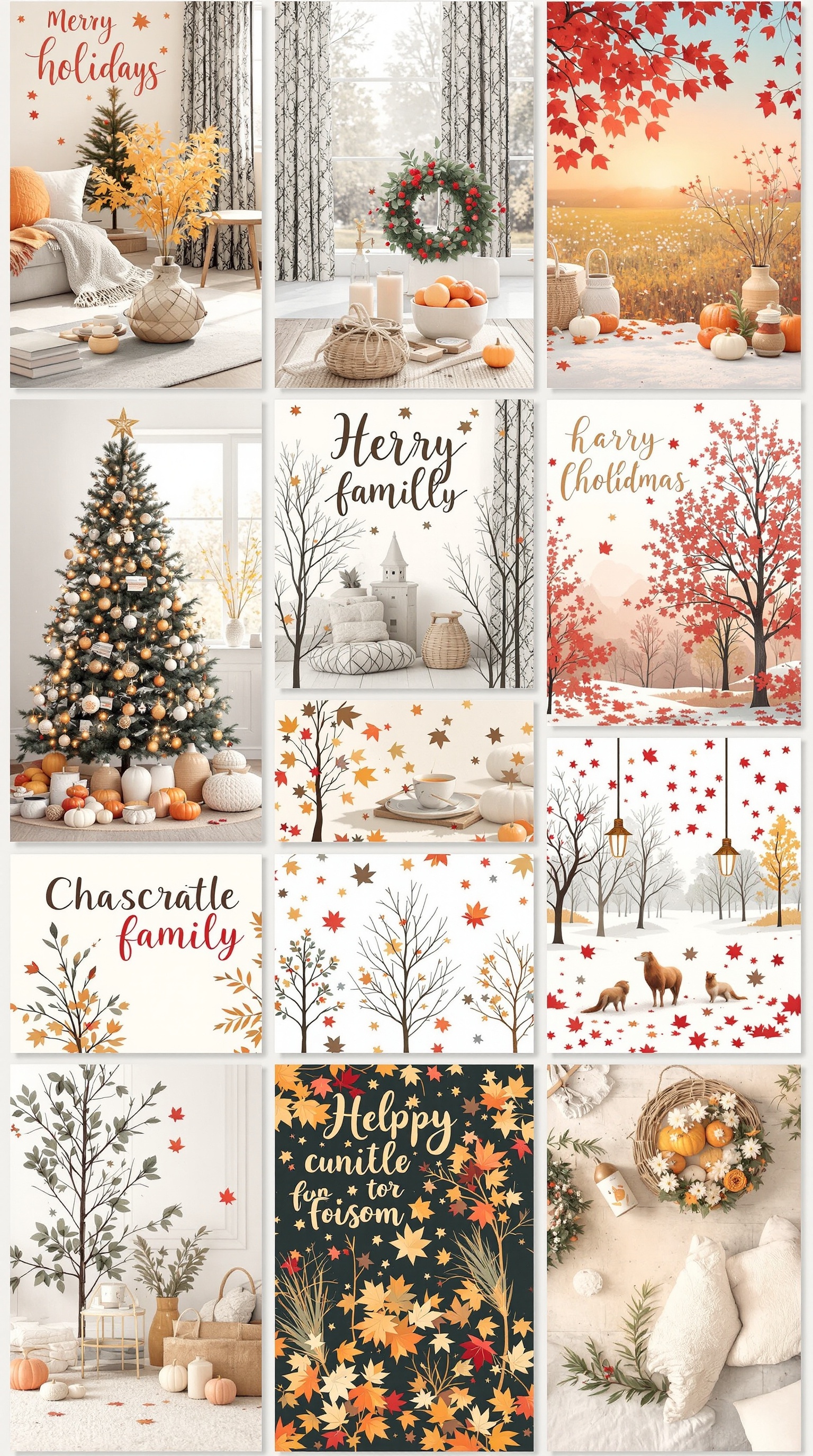A collage of seasonal family wallpapers featuring autumn leaves, winter scenes, and festive decorations.