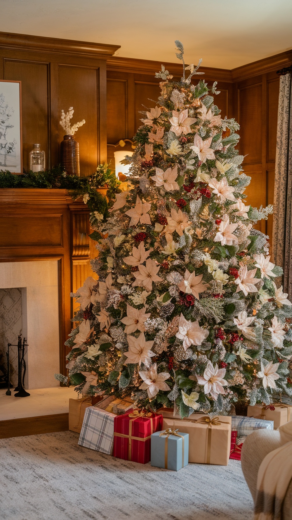A beautifully decorated Christmas tree with pastel-colored poinsettias and wrapped gifts underneath.