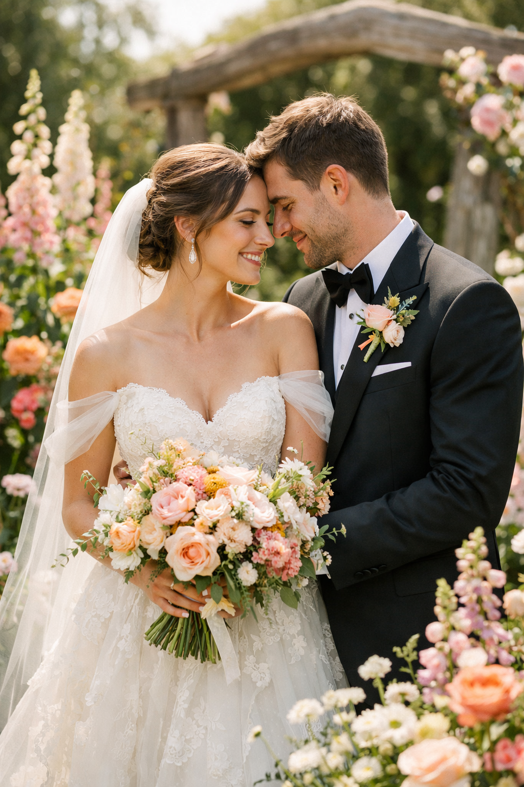 Couple posing with a colorful floral backdrop in an engagement photo