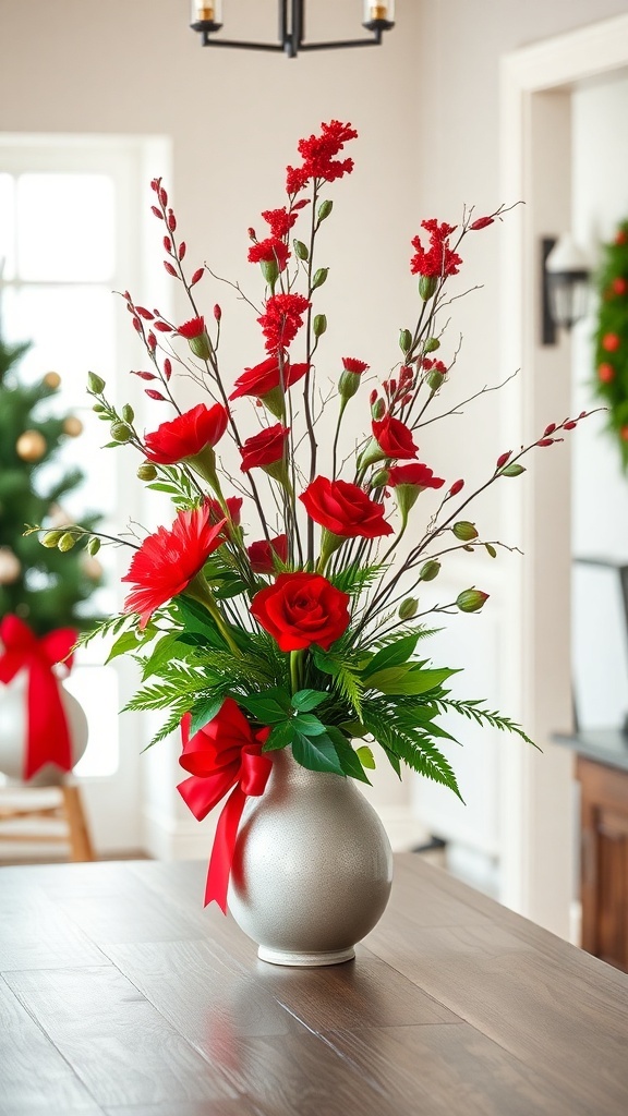 A festive floral arrangement with red roses and green foliage in a silver vase, decorated with a red ribbon.