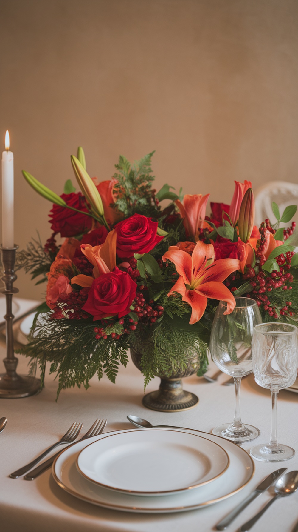 A festive floral arrangement featuring red roses, orange lilies, and greenery, complemented by a candle on a dining table.