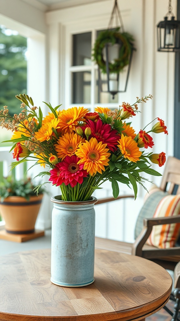 A colorful bouquet of flowers in a vase on a table on a porch, showcasing seasonal floral arrangements.