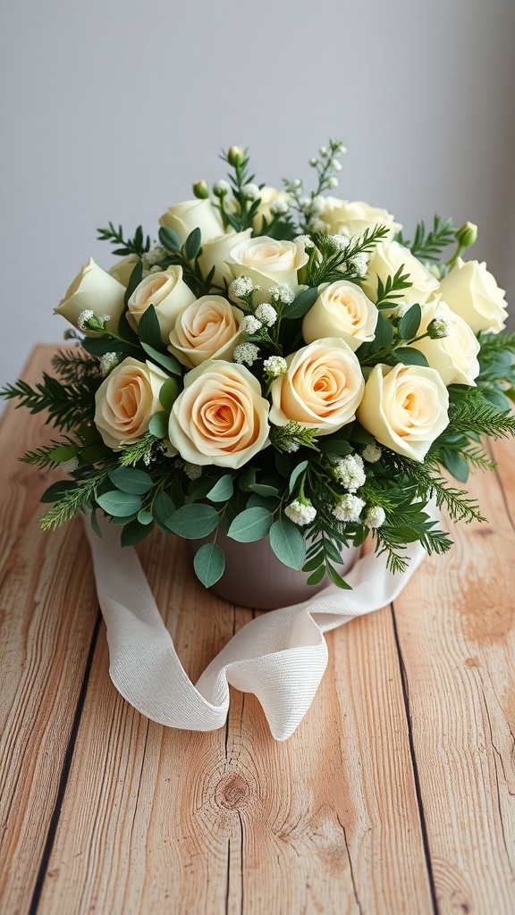 A beautiful bouquet of creamy roses and greenery arranged in a simple pot with a ribbon.