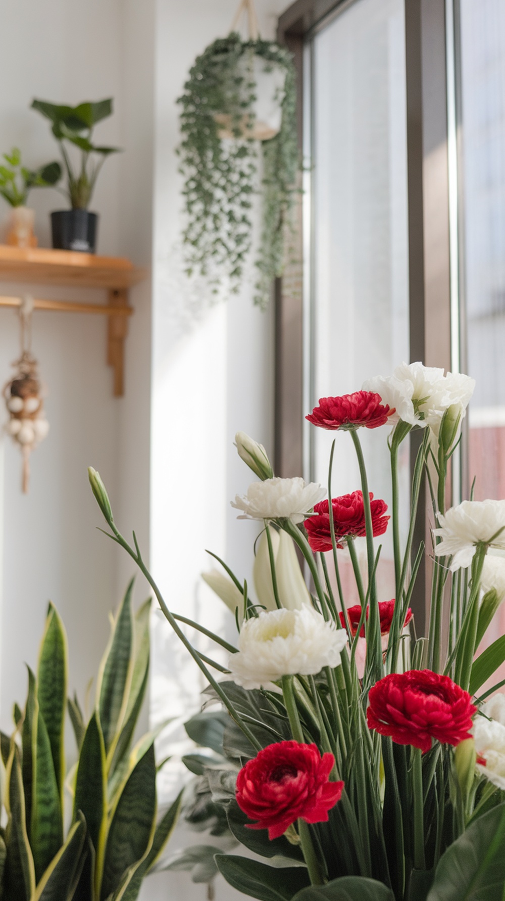 A beautiful arrangement of red and white flowers by a window, with greenery in the background.