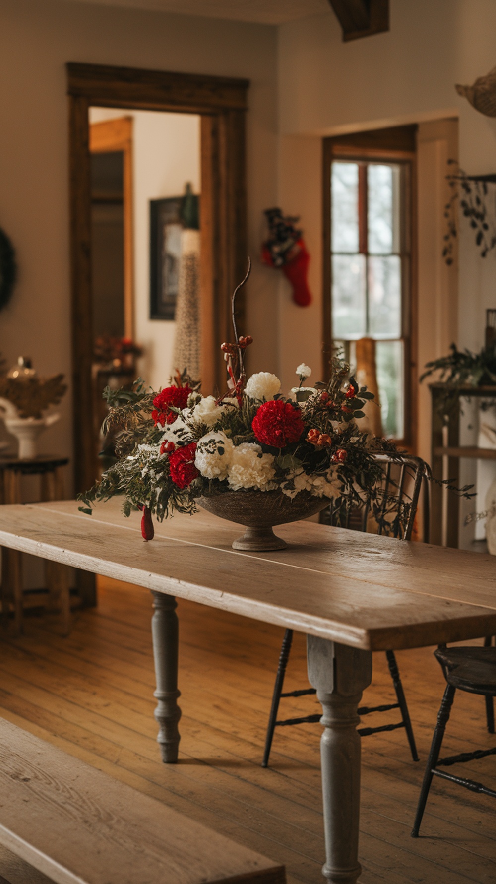 A festive floral arrangement with red and white flowers in a rustic vase on a wooden table.