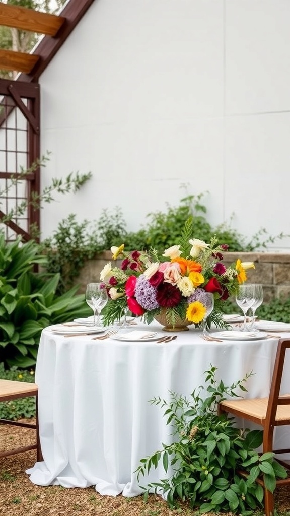 A beautifully arranged table for an outdoor bridal shower with a vibrant floral centerpiece.
