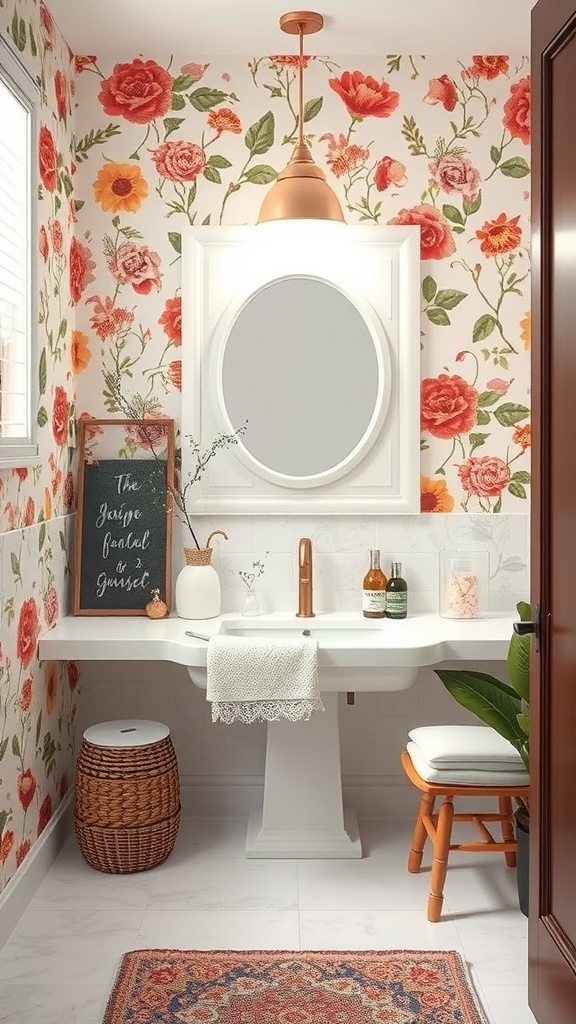 A small bathroom with vibrant floral wallpaper, a modern sink, and stylish decor.
