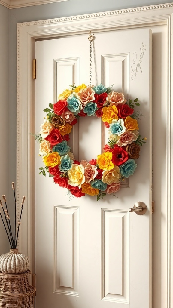 A colorful rag wreath made of fabric flowers in red, yellow, and blue, hanging on a white door.