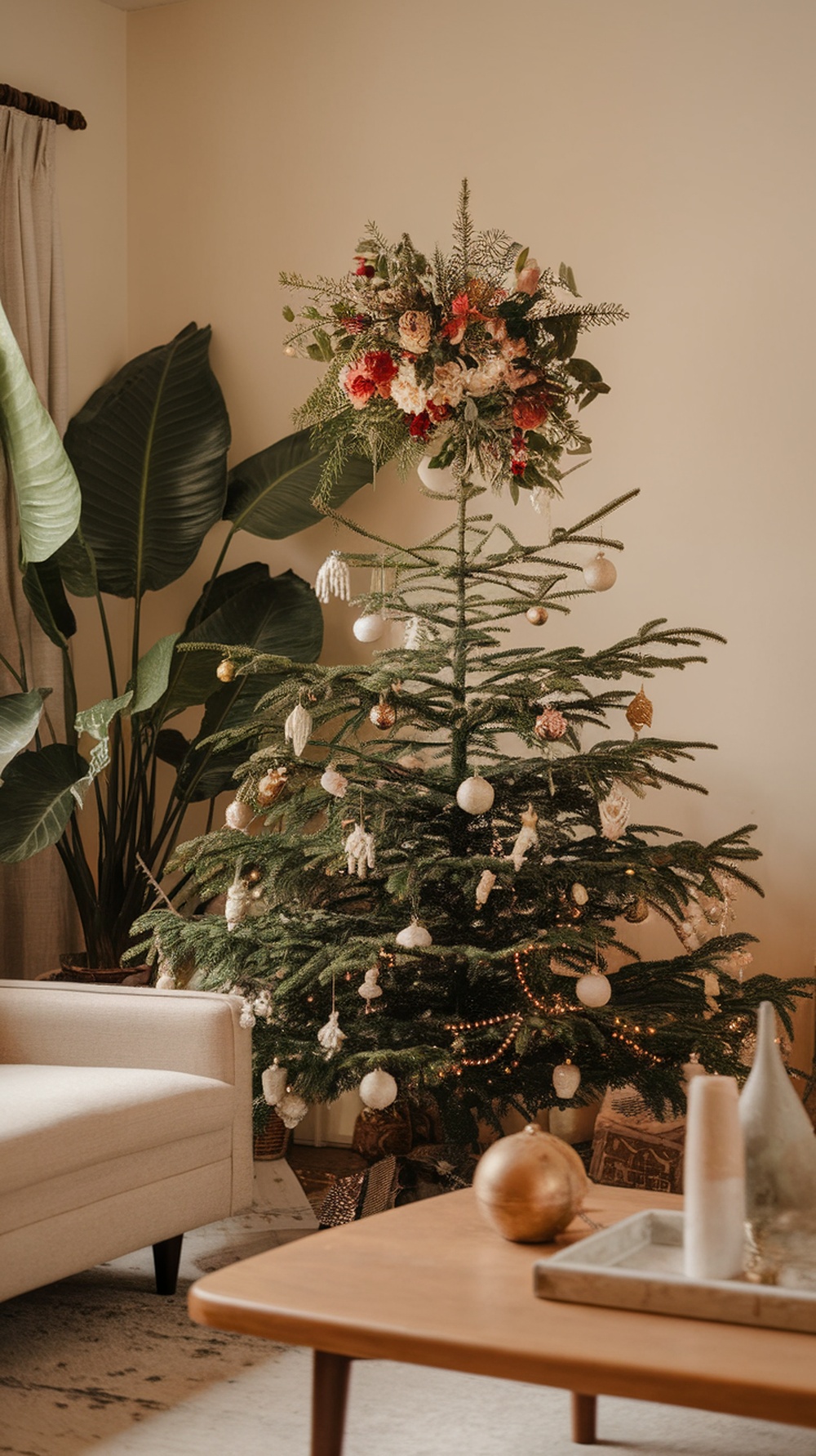 A Christmas tree topped with a floral arrangement featuring vibrant flowers and greenery.
