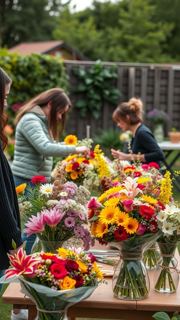 Participants enjoying a flower arranging workshop with colorful bouquets on a table.
