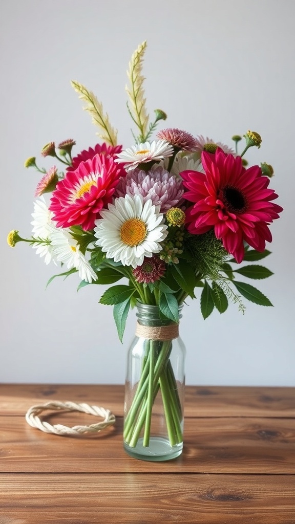 A colorful bouquet of seasonal flowers in a glass vase, tied with twine, placed on a wooden table.