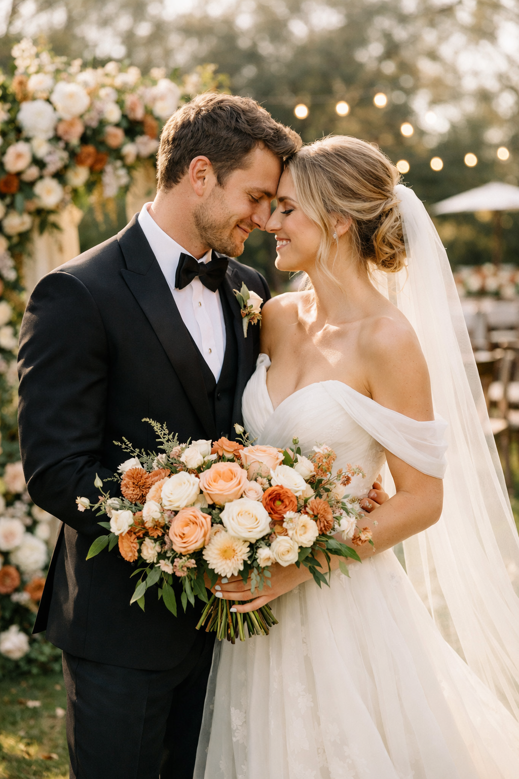 Bride and groom smiling, bride holding a bouquet of seasonal flowers