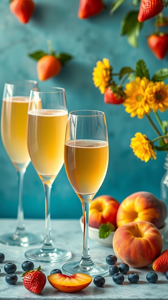 A colorful mimosa bar featuring champagne glasses next to peaches, strawberries, and blueberries on a marble surface.