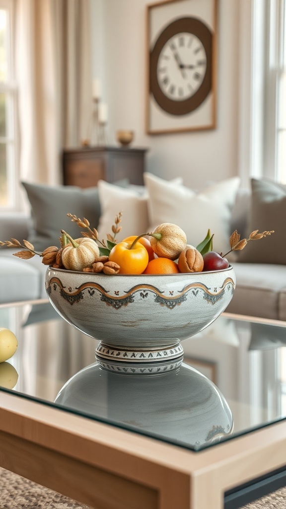 A decorative bowl filled with seasonal fruits and nuts on a coffee table.
