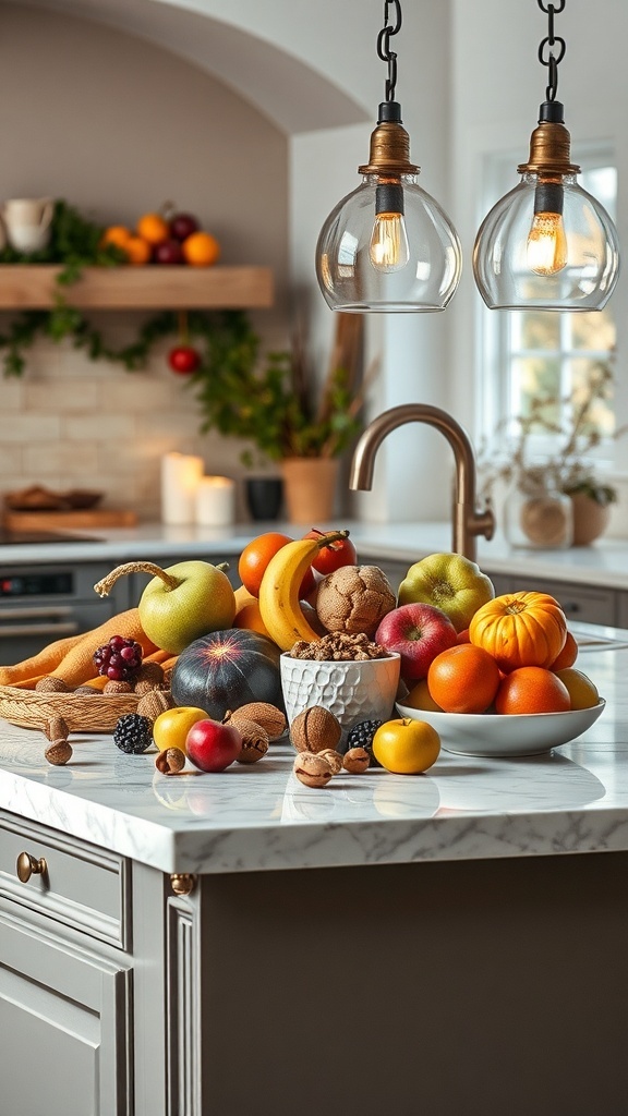 A kitchen island decorated with a variety of seasonal fruits and nuts, creating a festive atmosphere.