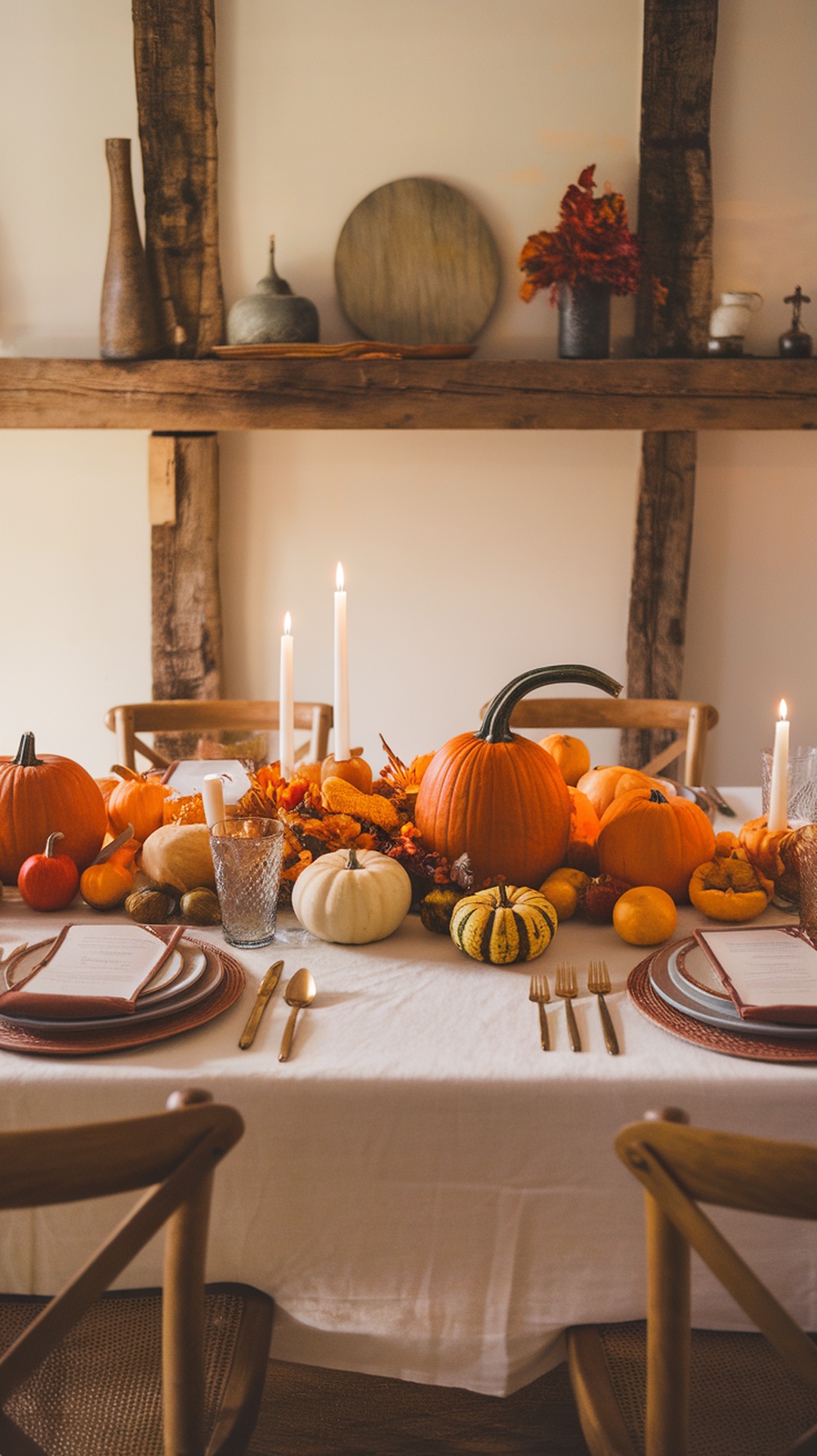 A rustic Thanksgiving table setting featuring pumpkins, gourds, and candles.