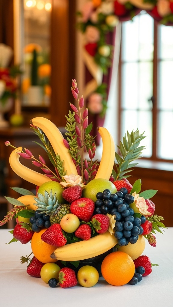 A colorful wedding centerpiece made of assorted seasonal fruits, including bananas, strawberries, blueberries, and decorative greenery.