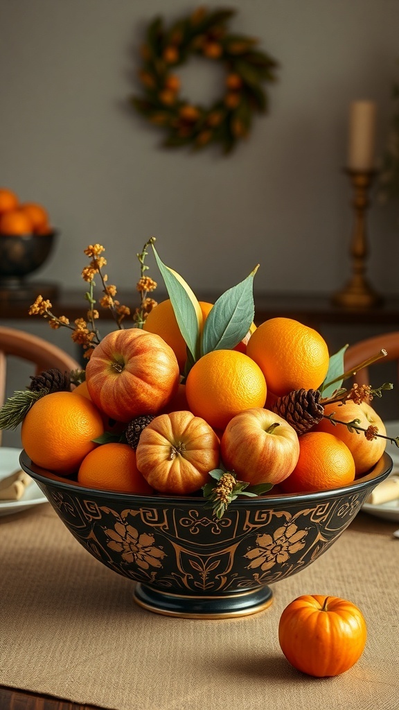 A bowl of seasonal fruit including oranges and pumpkins, arranged as a centerpiece.