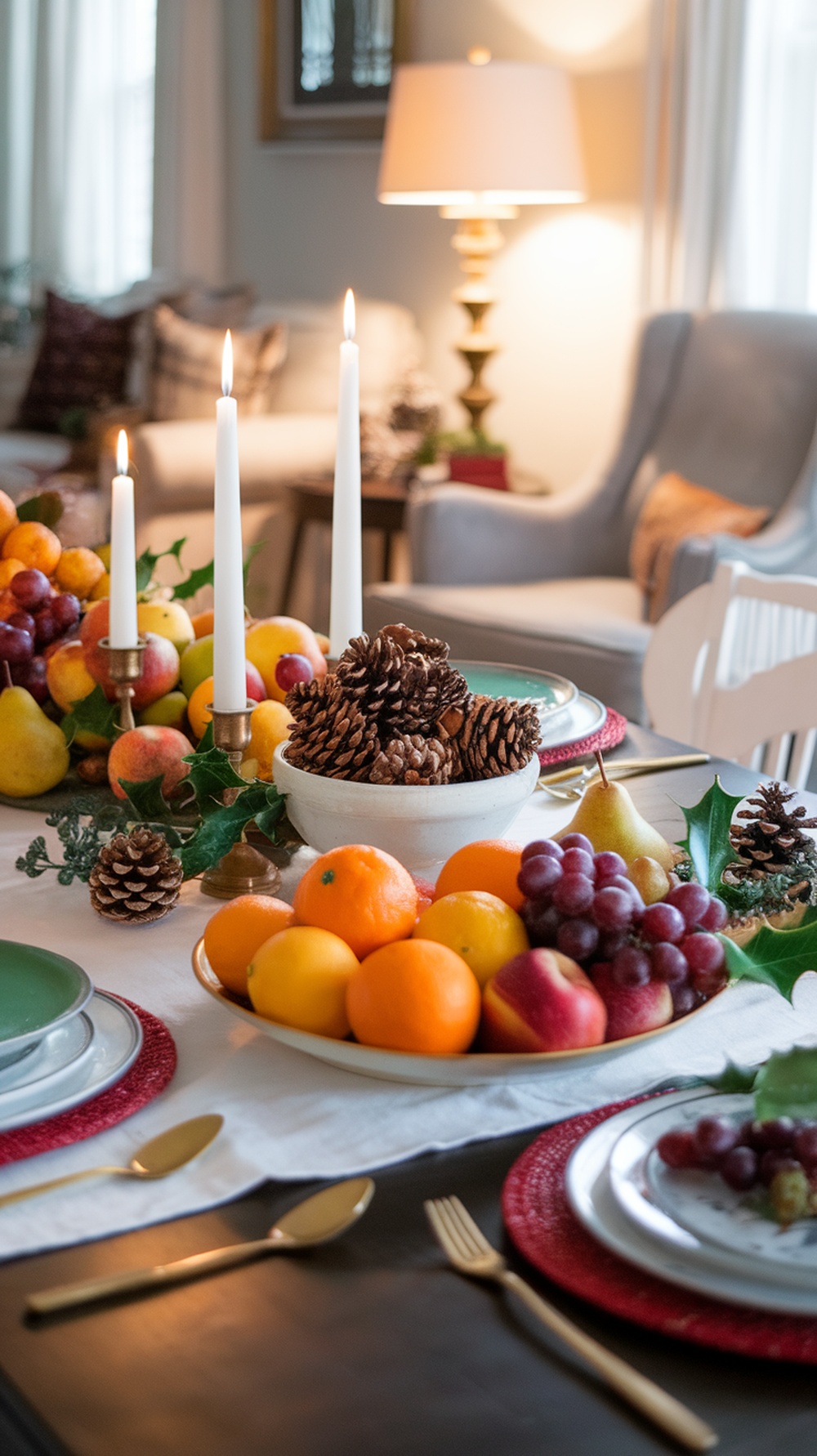 A festive table display featuring seasonal fruits, pinecones, and candles.