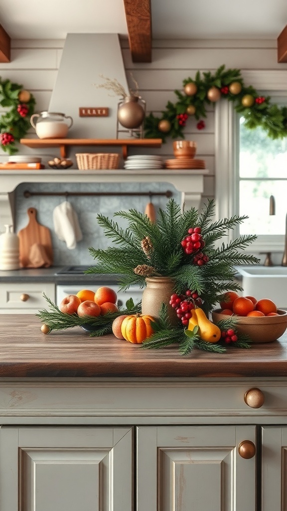 A rustic kitchen countertop decorated with seasonal fruits and greenery for Christmas.