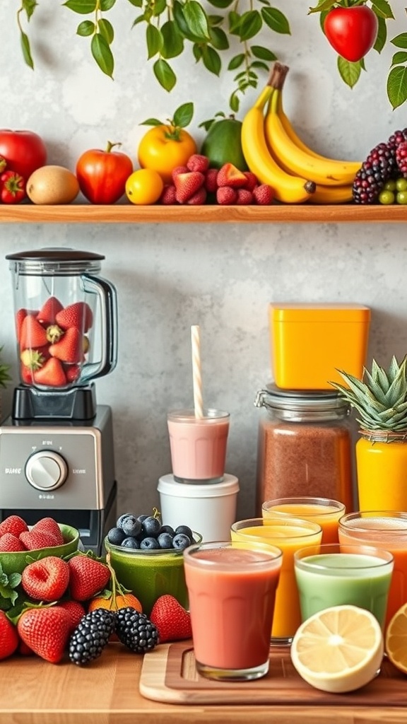 A colorful smoothie bar with fresh fruits and variety of smoothies in glasses