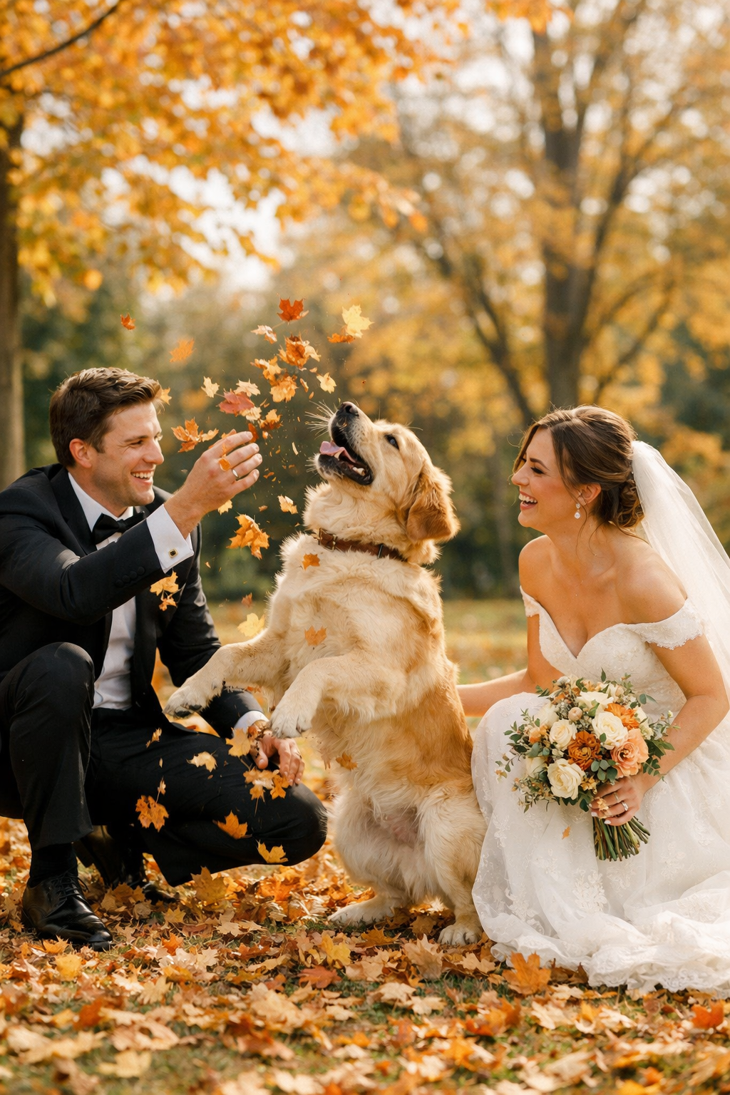 Couple in formal attire playfully throwing leaves with their golden retriever in a park during autumn.