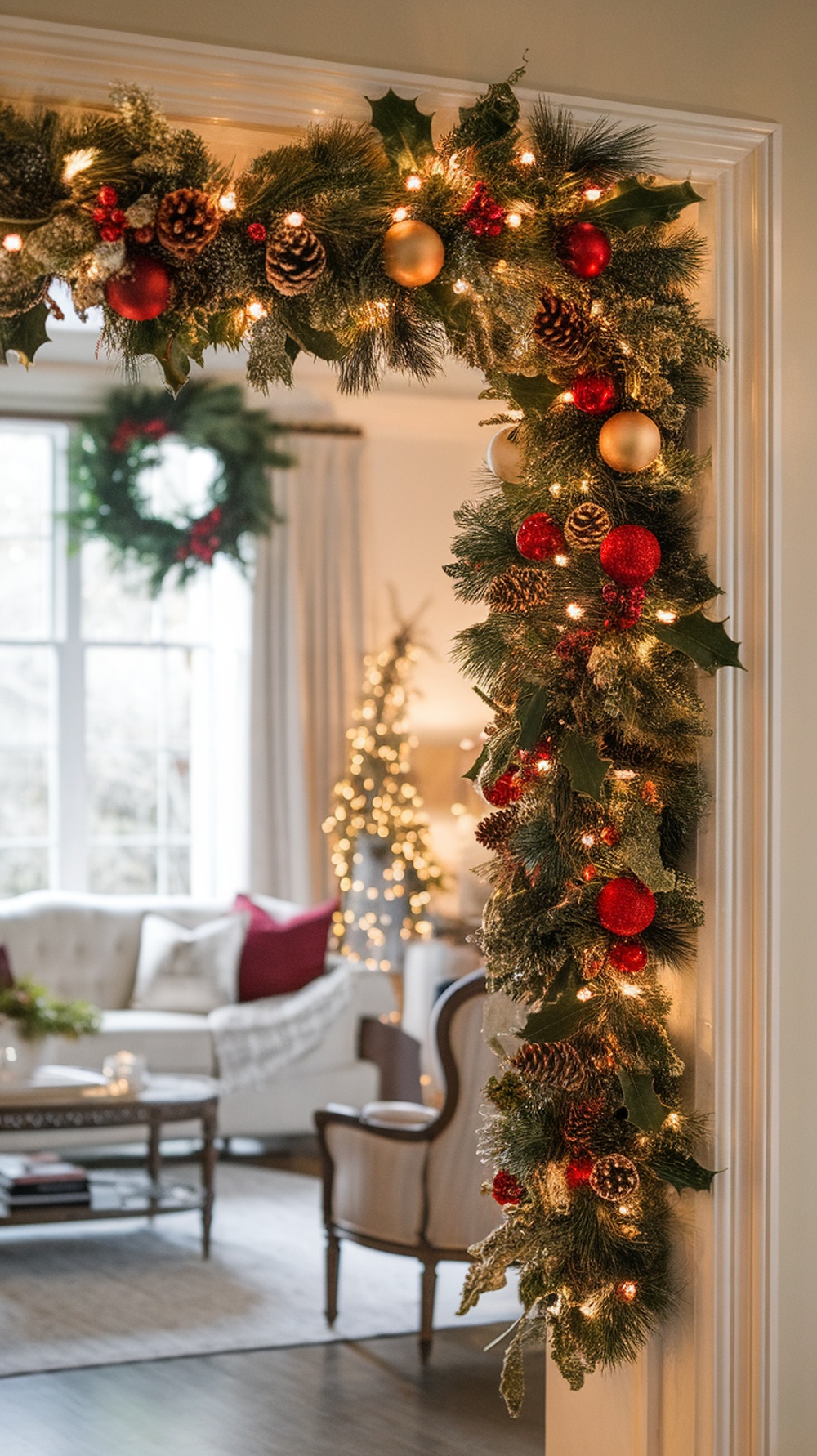 A festive garland decorated with red and gold ornaments and lights, hanging over a doorway, with a cozy living room in the background.