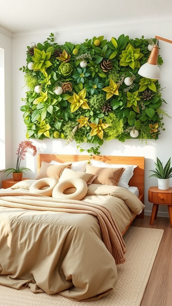 A vibrant green wall art featuring various plants and flowers above a cozy bed.