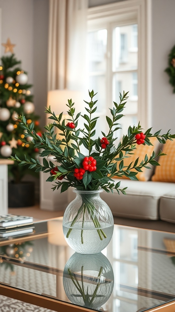 A vase with green branches and red berries on a glass table, with a decorated Christmas tree in the background.