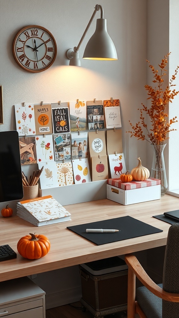 A cozy office desk with a display of seasonal greeting cards, mini pumpkins, and warm lighting.
