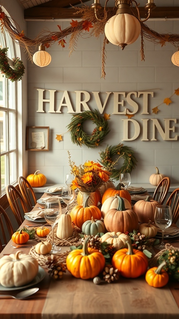 Decorative table setup for a harvest-themed bridal shower with pumpkins and autumn decorations.