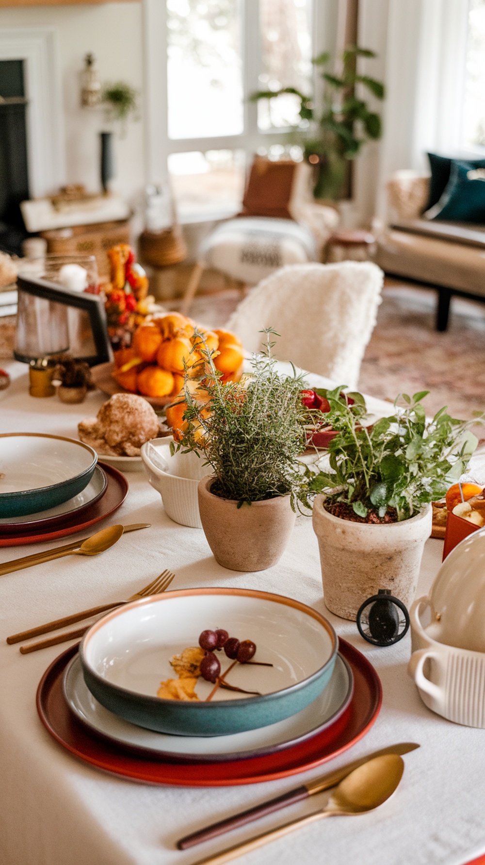 A rustic Thanksgiving table setting featuring seasonal herbs in pots, colorful fruits, and simple tableware.