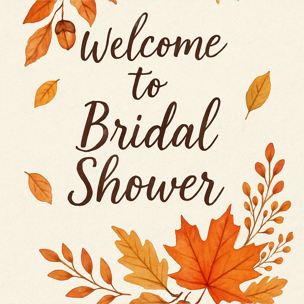 A bridal shower welcome sign featuring autumn leaves and elegant script.