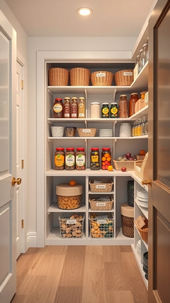 A well-organized pantry featuring labeled jars, baskets, and seasonal items stored neatly on shelves.