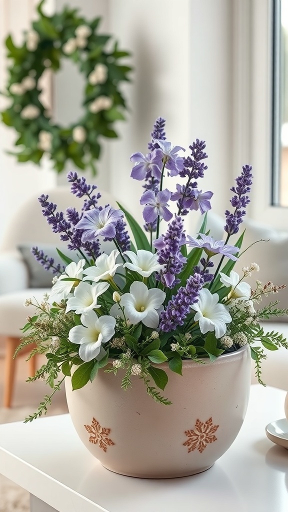A beautiful planter filled with lavender and white flowers, featuring a snowflake design on the pot.