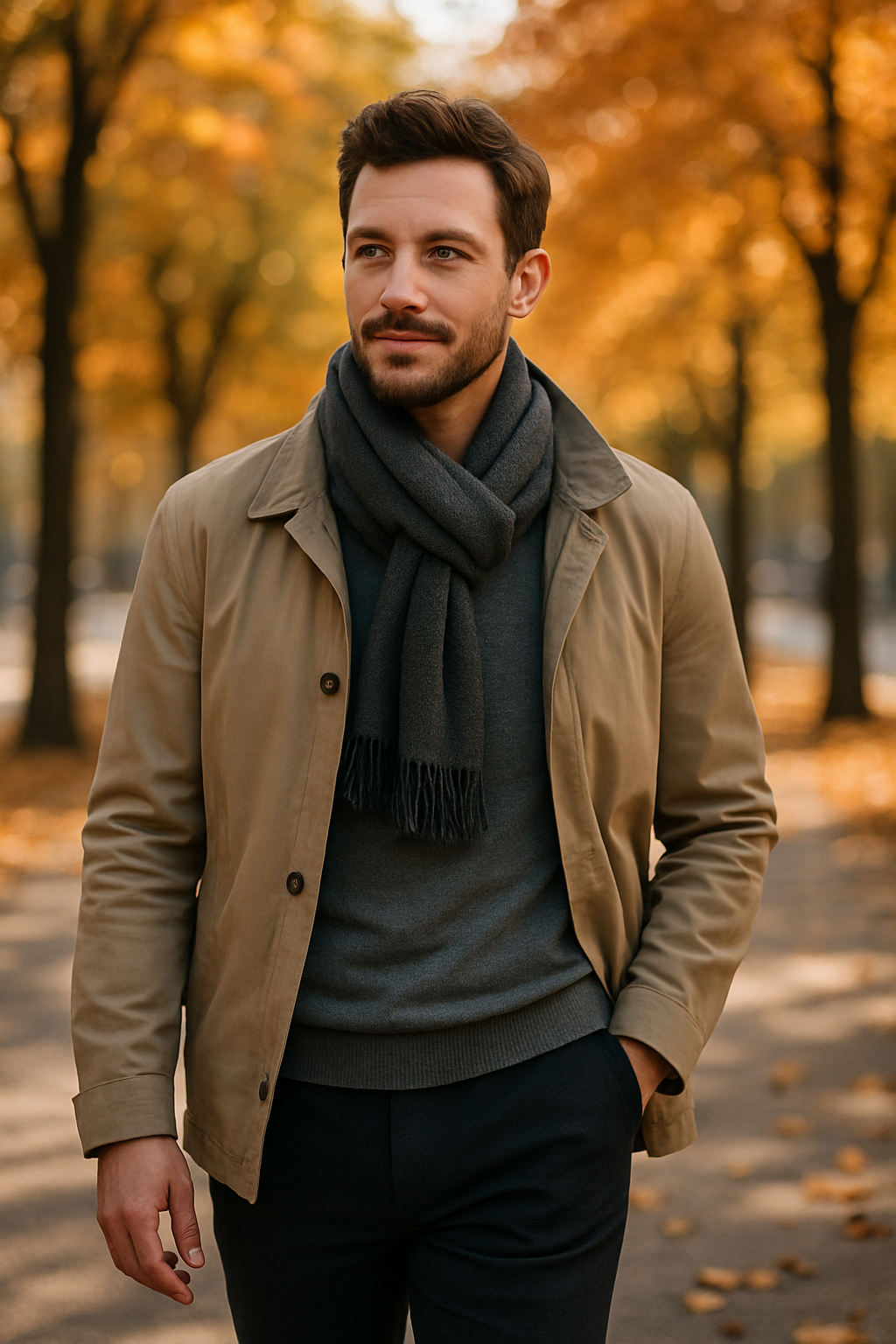 Man in a light beige jacket, dark grey sweater, and scarf, walking in a park with autumn trees.
