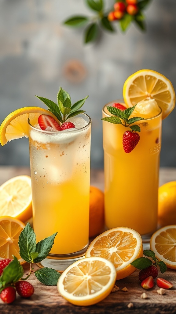 A vibrant lemonade bar with two glasses of lemonade, garnished with strawberries and mint, next to fresh lemon slices.