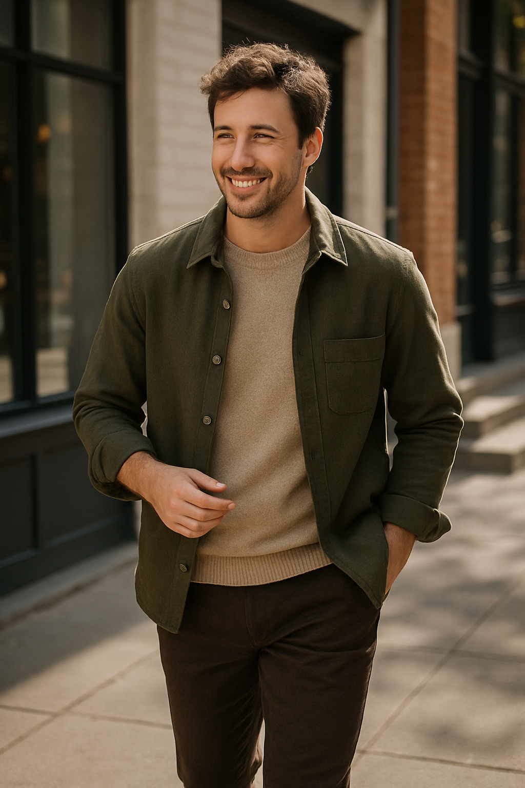 A man walking confidently in a stylish outfit featuring a green linen shirt over a beige sweater.