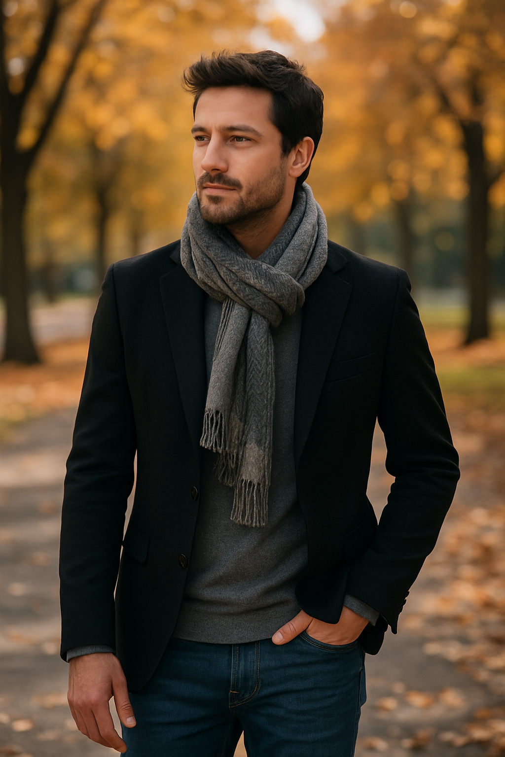 A man wearing a black blazer and gray scarf in an autumn setting