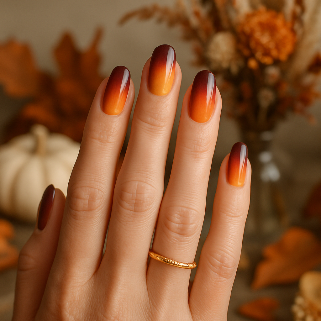 Autumn ombre nails transitioning from burgundy to orange