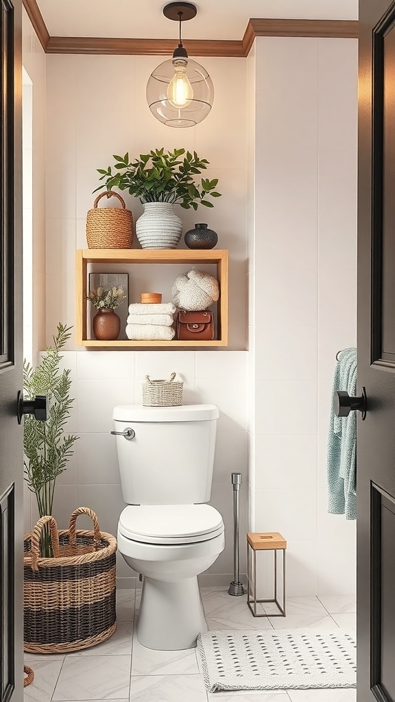 A small, organized bathroom featuring a toilet, shelves with towels and plants, and decorative storage baskets.